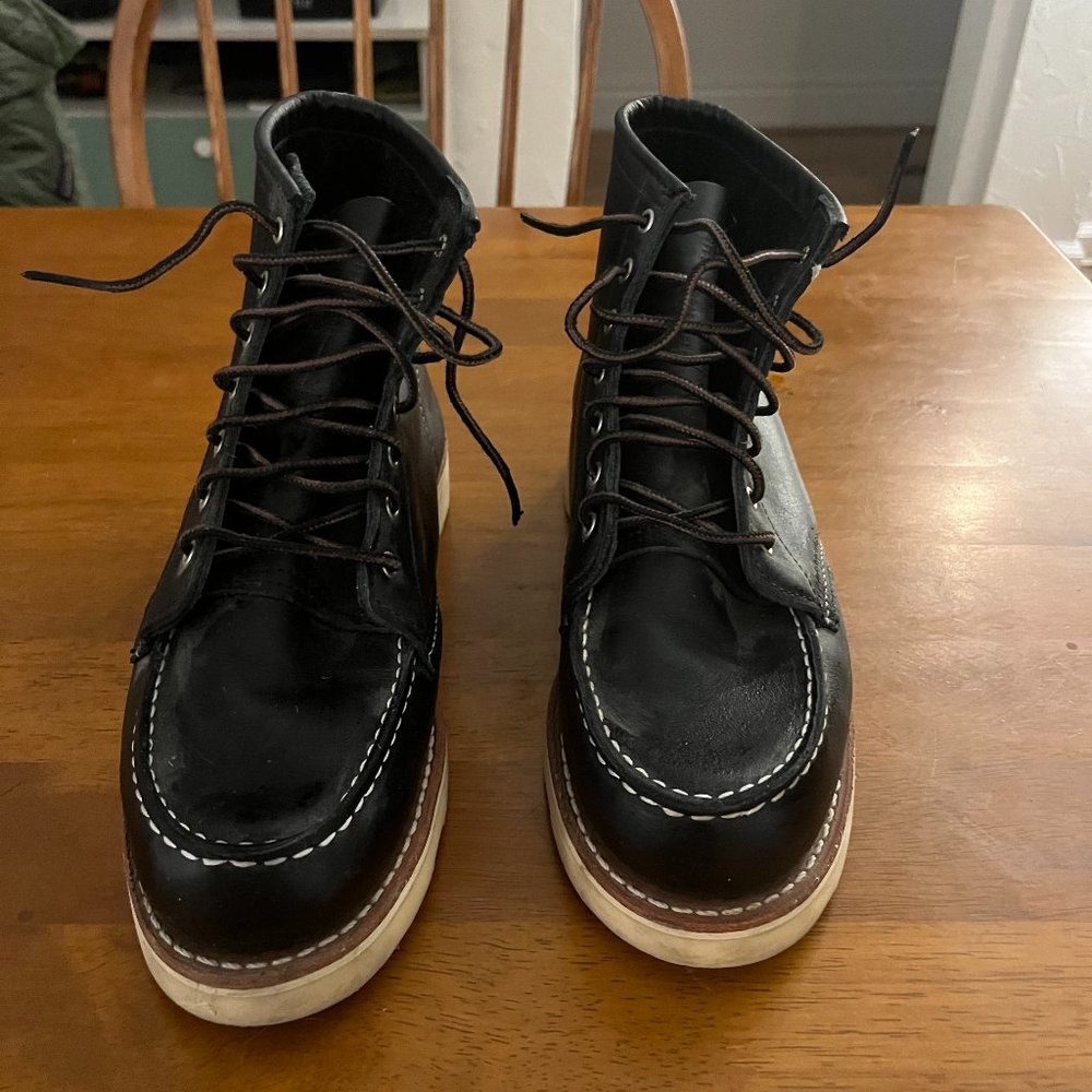 Red Wing Shoes Black Lace-Up Moc Toe Boots with White Stitching and Tan Midsole